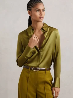 Vert clair - Chemise Reiss Ameira à patte de boutonnage dissimulée en satin de soie
