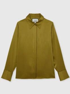 Vert clair - Chemise Reiss Ameira à patte de boutonnage dissimulée en satin de soie