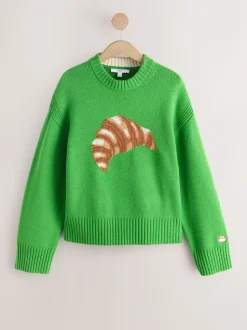 Vert croissant graphique - Pull à col rond à manches longues en laine