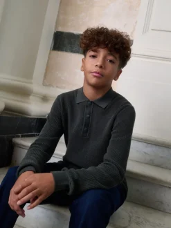 vert foncé - Polo texturé à manches longues (3-16ans)