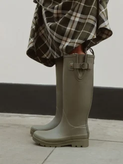 Vert kaki - Bottes de pluie hauteur genou doublées de fausse fourrure haut de gamme