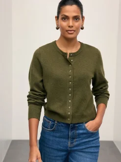 Vert kaki - Cardigan ajusté ultra-doux à col rond en laine