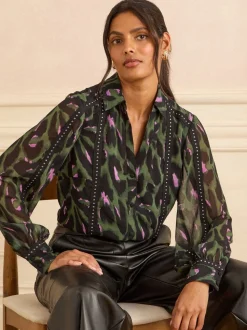 Vert kaki - Chemise Love & Roses à manches longues boutonnée