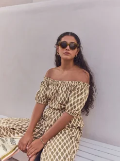 Vert kaki - Combinaison ample 100% coton à épaules dénudées