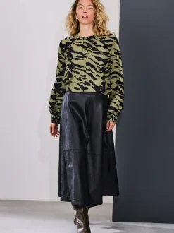 Vert kaki à imprimé animal - Chemisier manches longues à col V