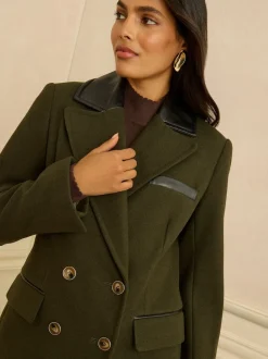 Vert kaki - Love & Roses Manteau long à double boutonnage avec col en similicuir en PU