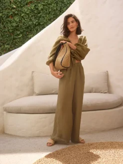 Vert kaki - 100{Pantalon à jambes larges Lin Premium