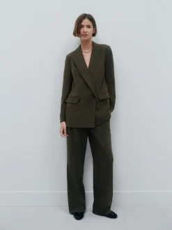 Vert kaki - Pantalons à taille élastique à jambe large hachurée