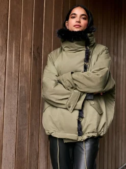 Vert kaki - Parka avec bordure contrastée en fausse fourrure