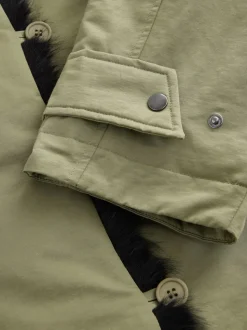 Vert kaki - Parka avec bordure contrastée en fausse fourrure