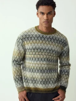 Vert kaki - Pulls décontractés à col rond à motif ombre losanges texturé en laine