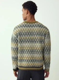 Vert kaki - Pulls décontractés à col rond à motif ombre losanges texturé en laine