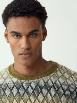 Vert kaki - Pulls décontractés à col rond à motif ombre losanges texturé en laine