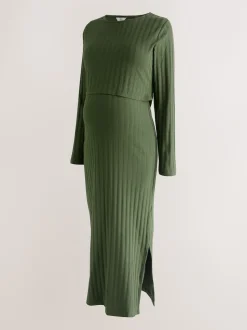 Vert kaki - Robe de grossesse à manches longues et allaitement