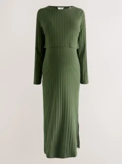 Vert kaki - Robe de grossesse à manches longues et allaitement
