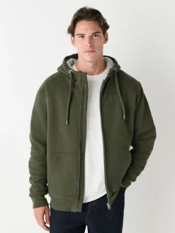 Vert kaki - Sweat à capuche zippé doublé en polaire en peau de mouton