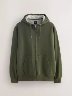 Vert kaki - Sweat à capuche zippé doublé en polaire en peau de mouton