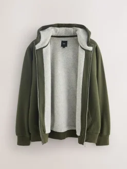 Vert kaki - Sweat à capuche zippé doublé en polaire en peau de mouton