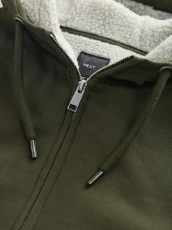 Vert kaki - Sweat à capuche zippé doublé en polaire en peau de mouton