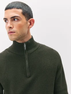 Vert kaki - Uni - Pull N.Premium Coupe classique en Coton riche à Texture haut de gamme à col zippé