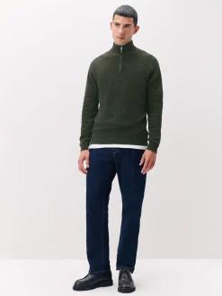 Vert kaki - Uni - Pull N.Premium Coupe classique en Coton riche à Texture haut de gamme à col zippé