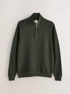 Vert kaki - Uni - Pull N.Premium Coupe classique en Coton riche à Texture haut de gamme à col zippé