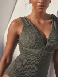 Vert kaki pailleté - Maillot de bain plongeant et galbant avec contrôle du ventre