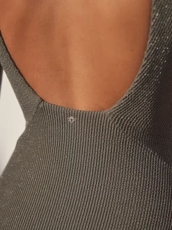 Vert kaki pailleté - Maillot de bain plongeant et galbant avec contrôle du ventre