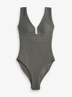 Vert kaki pailleté - Maillot de bain plongeant et galbant avec contrôle du ventre