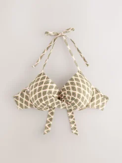 Vert kaki/Cream Woodblock à la feuille d'aluminium - Haut de bikini rembourré plongeant avec armatures rembourré