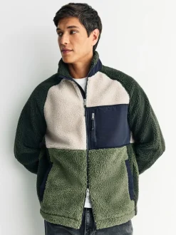 Vert kaki/écru neutre - Polaire color block à entonnoir zippée