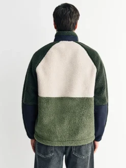 Vert kaki/écru neutre - Polaire color block à entonnoir zippée