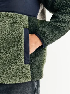 Vert kaki/écru neutre - Polaire color block à entonnoir zippée