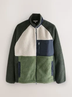 Vert kaki/écru neutre - Polaire color block à entonnoir zippée