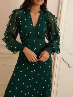 Vert motif cœur - Robe mi-longue Love & Roses brodée à volants