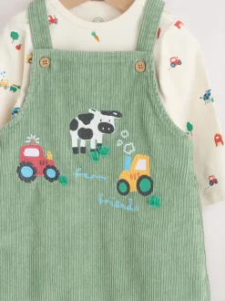 Vert motif ferme - Ensemble salopette et body en velours côtelé (0mois-2ans)