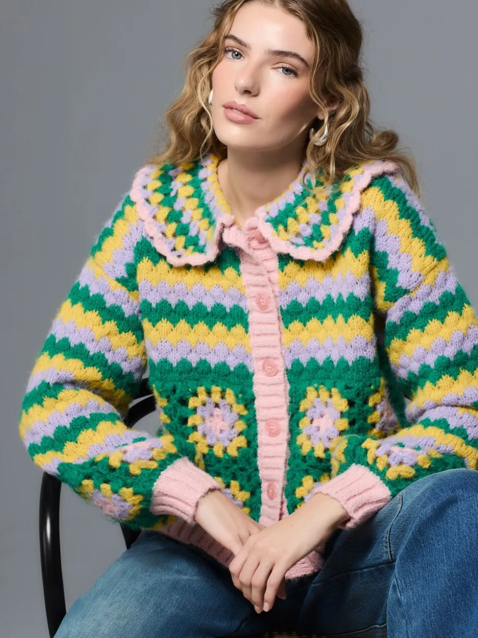 Vert Multicolore Patch - Cardigan à col crocheté à la main