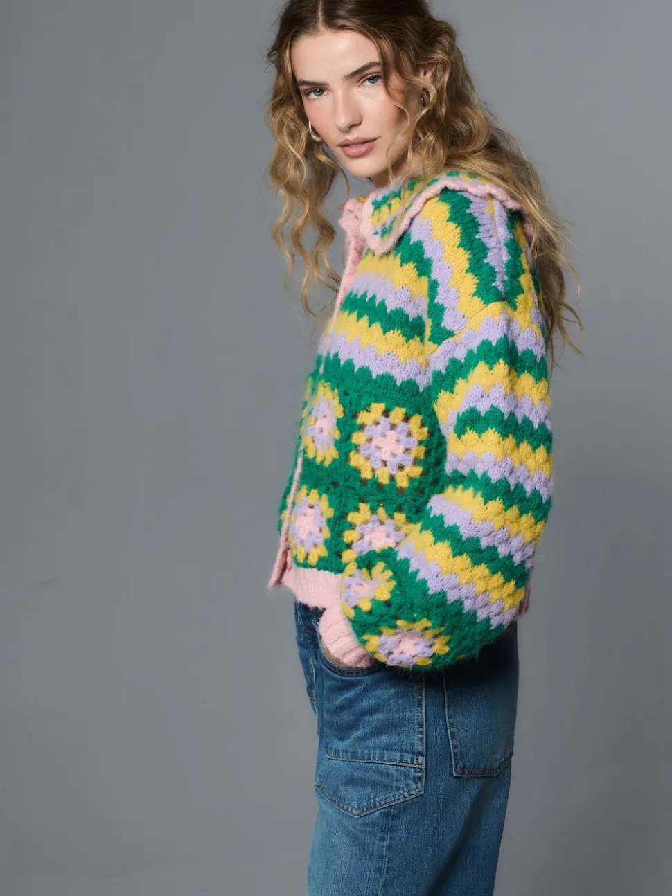 Vert Multicolore Patch - Cardigan à col crocheté à la main