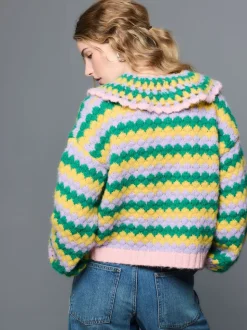 Vert Multicolore Patch - Cardigan à col crocheté à la main