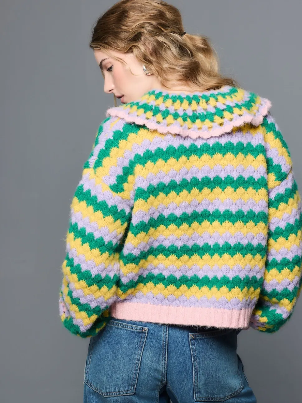 Vert Multicolore Patch - Cardigan à col crocheté à la main