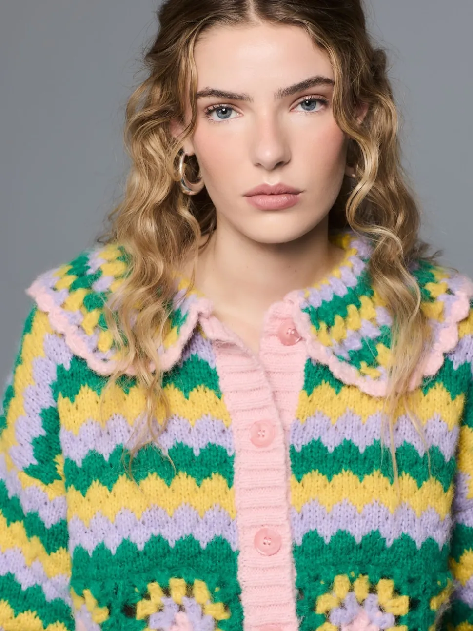 Vert Multicolore Patch - Cardigan à col crocheté à la main