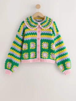 Vert Multicolore Patch - Cardigan à col crocheté à la main
