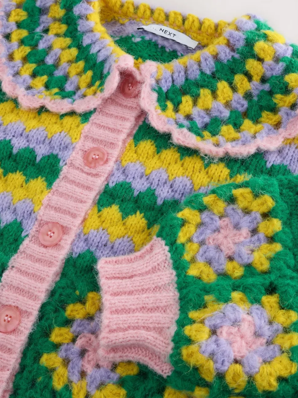 Vert Multicolore Patch - Cardigan à col crocheté à la main