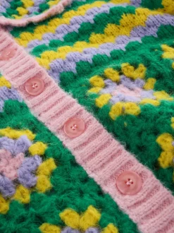 Vert Multicolore Patch - Cardigan à col crocheté à la main