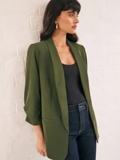 Vert olive - Blazer décontracté à manches froncées