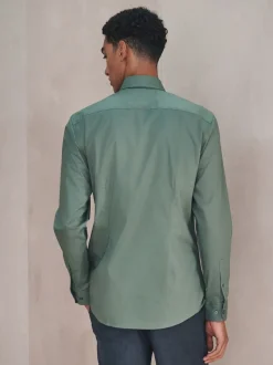 Vert olive - Chemise habillée à manches longues en coton extensible