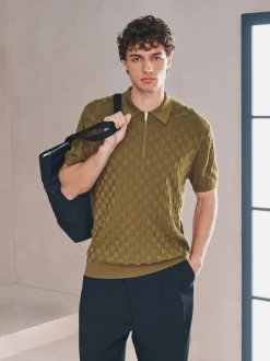 Vert olive - Polo N. Premium Coupe classique en maille à manches courtes et col zippé à damiers