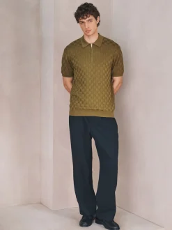 Vert olive - Polo N. Premium Coupe classique en maille à manches courtes et col zippé à damiers