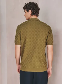 Vert olive - Polo N. Premium Coupe classique en maille à manches courtes et col zippé à damiers