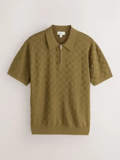 Vert olive - Polo N. Premium Coupe classique en maille à manches courtes et col zippé à damiers